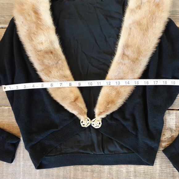 Vintage 1950s Cardigan Black Cashmere Mink Fur Collar Jeweled Retro Glam Sweater - Picture 7 of 10